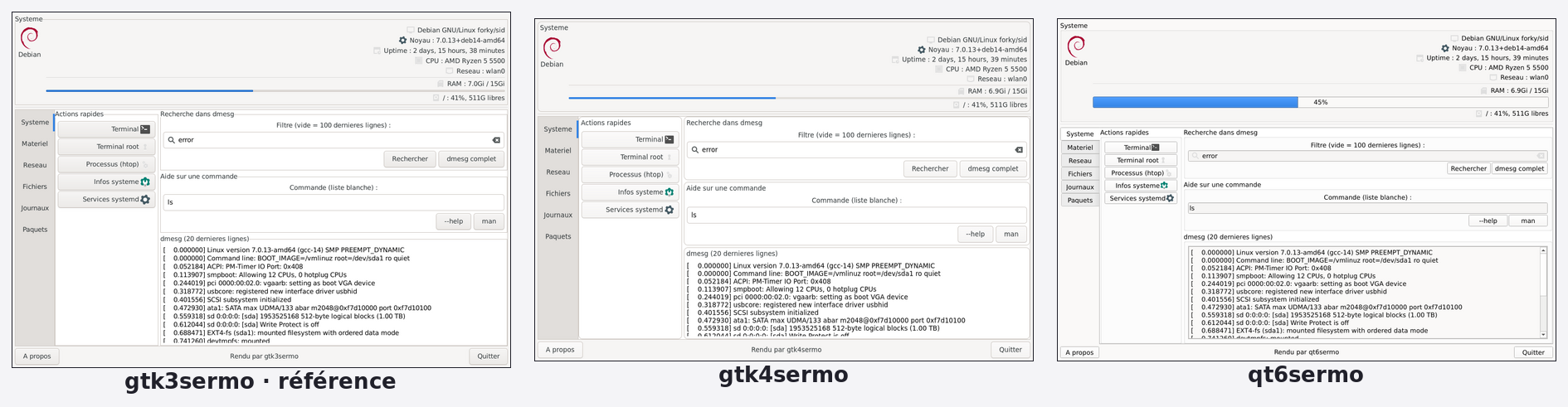 L'exemple outils-systeme rendu côte à côte par gtk3sermo, gtk4sermo et qt6sermo, en thème clair.
