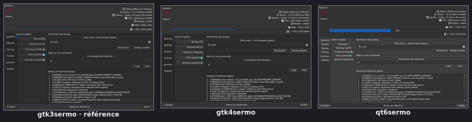 L'exemple outils-systeme rendu côte à côte par gtk3sermo, gtk4sermo et qt6sermo, en thème sombre.