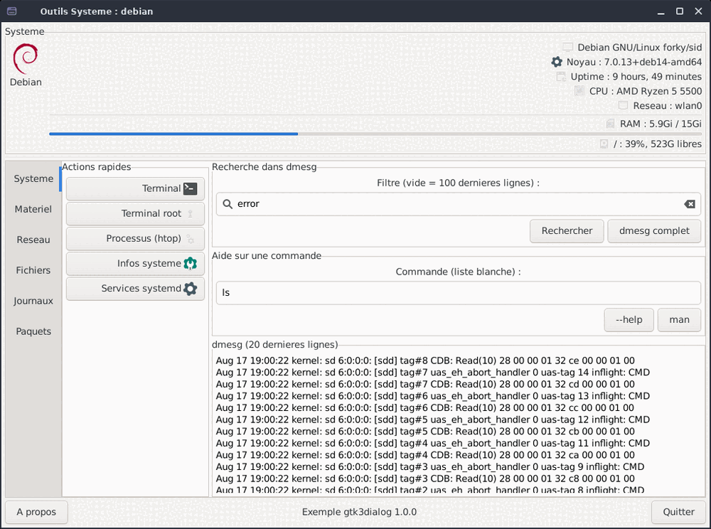Outils Système : fenêtre gtk3sermo à six onglets, en-tête avec logo Debian, distribution, noyau, mémoire et disque.