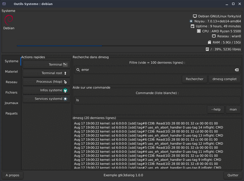 Outils Système : fenêtre gtk3sermo à six onglets, en-tête avec logo Debian, distribution, noyau, mémoire et disque.