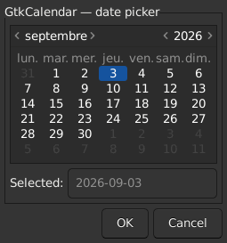 Le widget <calendar> rendu par gtk3sermo : capture de l'exemple examples/calendar livré avec le projet.