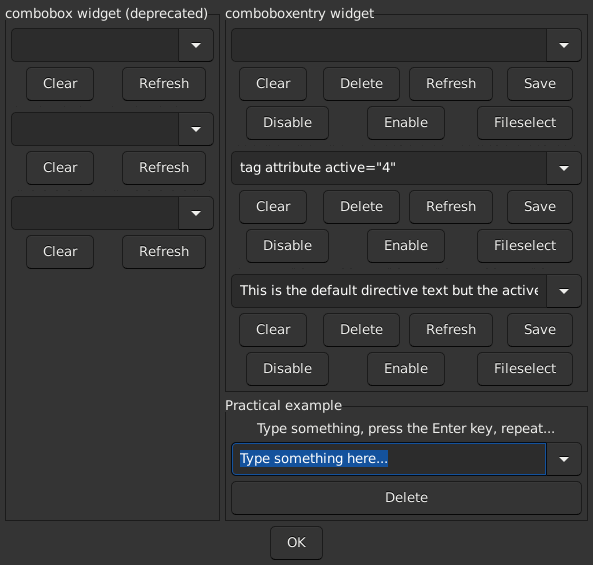 Le widget <comboboxentry> rendu par gtk3sermo : capture de l'exemple examples/comboboxentry livré avec le projet.
