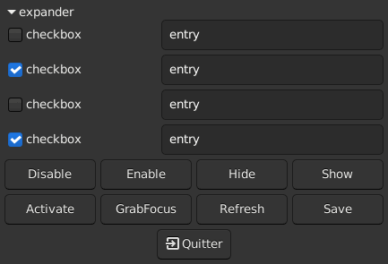 Le widget <expander> rendu par gtk3sermo : capture de l'exemple examples/expander livré avec le projet.