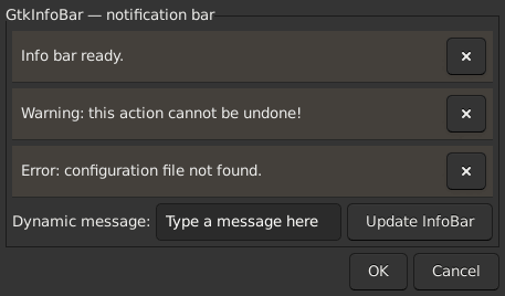Le widget <infobar> rendu par gtk3sermo : capture de l'exemple examples/infobar livré avec le projet.