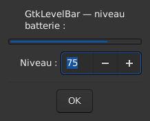Le widget <levelbar> rendu par gtk3sermo : le même exemple examples/levelbar que pour les autres ports, exécuté par ce port.