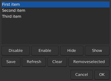 Le widget <list> rendu par gtk3sermo : capture de l'exemple examples/list livré avec le projet.