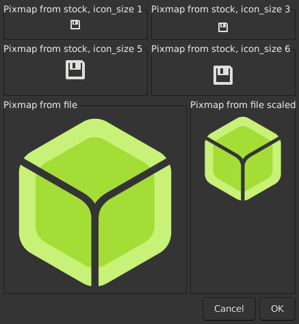 Le widget <pixmap> rendu par gtk3sermo : capture de l'exemple examples/pixmap livré avec le projet.