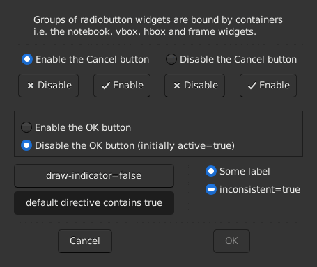 Le widget <radiobutton> rendu par gtk3sermo : capture de l'exemple examples/radiobutton livré avec le projet.