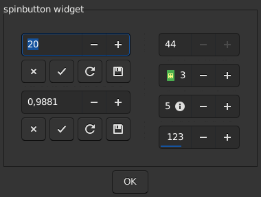 Le widget <spinbutton> rendu par gtk3sermo : capture de l'exemple examples/spinbutton livré avec le projet.