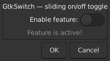 Le widget <switch> rendu par gtk3sermo : capture de l'exemple examples/switch livré avec le projet.