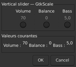 Le widget <vscale> rendu par gtk3sermo : capture de l'exemple examples/vscale livré avec le projet.