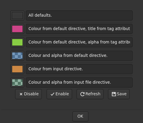 Le widget <colorbutton> rendu par gtk4sermo : capture de l'exemple examples/colorbutton livré avec le projet.