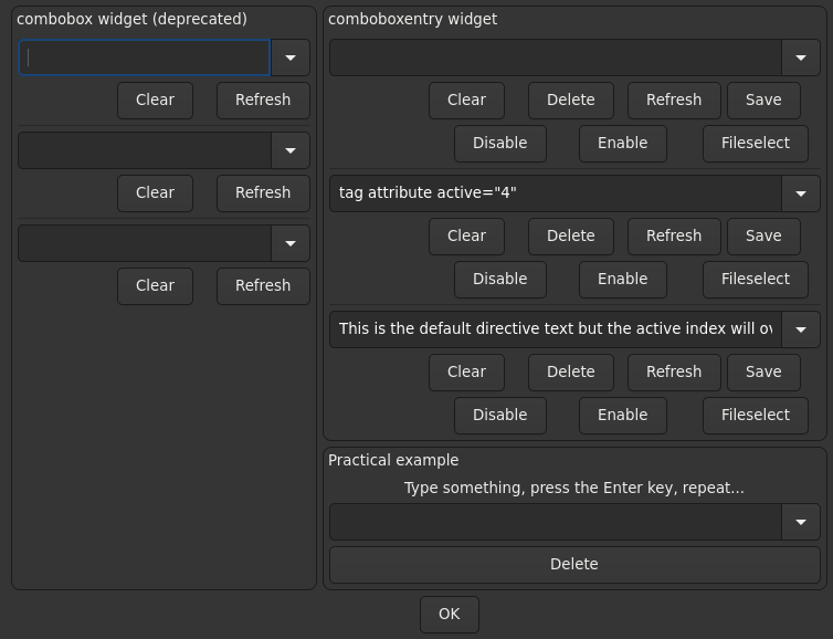Le widget <comboboxentry> rendu par gtk4sermo : capture de l'exemple examples/comboboxentry livré avec le projet.