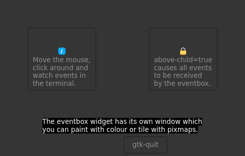Le widget <eventbox> rendu par gtk4sermo : capture de l'exemple examples/eventbox livré avec le projet.
