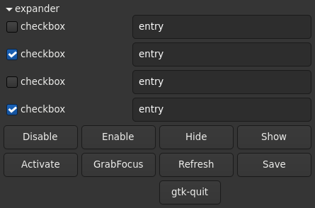 Le widget <expander> rendu par gtk4sermo : capture de l'exemple examples/expander livré avec le projet.