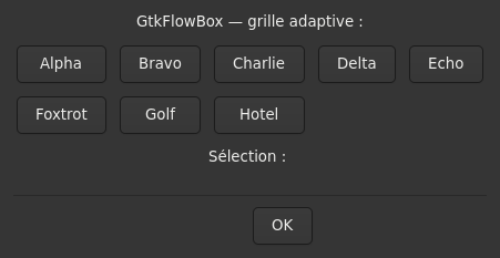 Le widget <flowbox> rendu par gtk4sermo : capture de l'exemple examples/flowbox livré avec le projet.