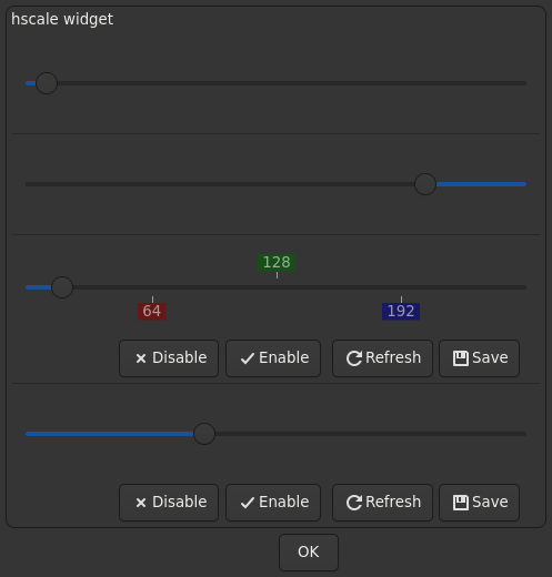 Le widget <hscale> rendu par gtk4sermo : capture de l'exemple examples/hscale livré avec le projet.