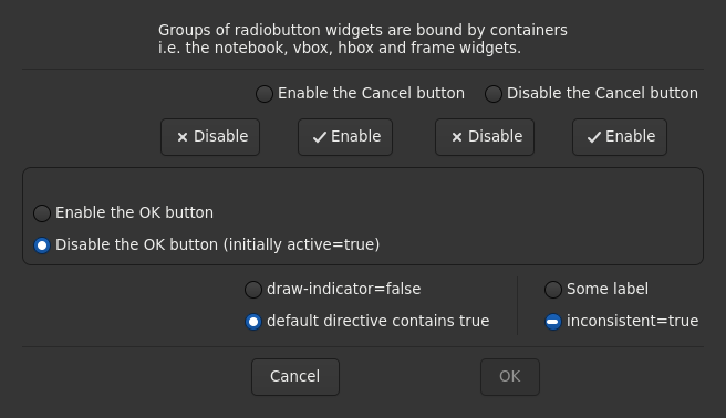 Le widget <radiobutton> rendu par gtk4sermo : capture de l'exemple examples/radiobutton livré avec le projet.