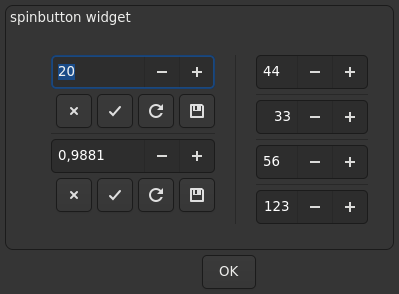 Le widget <spinbutton> rendu par gtk4sermo : capture de l'exemple examples/spinbutton livré avec le projet.