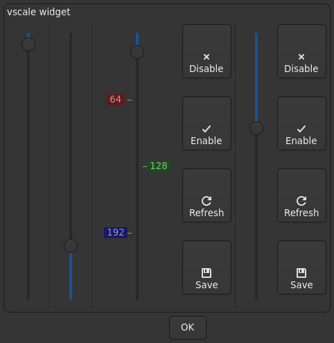 Le widget <vscale> rendu par gtk4sermo : capture de l'exemple examples/vscale livré avec le projet.