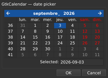 Le widget <calendar> rendu par qt6sermo : le même exemple examples/calendar que pour les autres ports, exécuté par ce port.