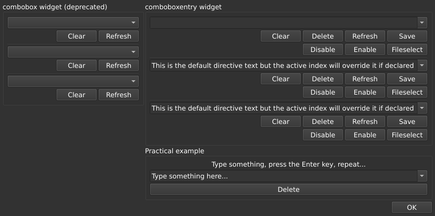 Le widget <comboboxentry> rendu par qt6sermo : le même exemple examples/comboboxentry que pour les autres ports, exécuté par ce port.