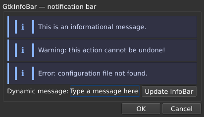Le widget <infobar> rendu par qt6sermo : le même exemple examples/infobar que pour les autres ports, exécuté par ce port.