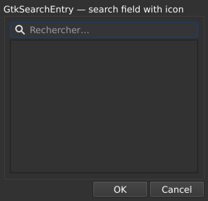 Le widget <searchentry> rendu par qt6sermo : le même exemple examples/searchentry que pour les autres ports, exécuté par ce port.